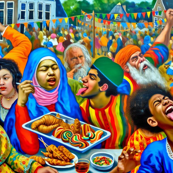Vibrant festival met diverse deelnemers en culturele uitwisselingen Een kleurrijke festival scène met een diverse groep deelnemers, waaronder mensen van verschillende leeftijden en achtergronden die genieten van eten en activiteiten.