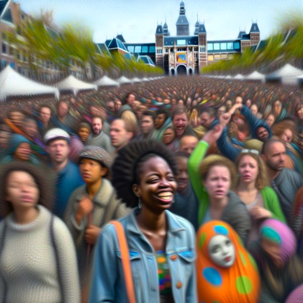 Hypero realistich festivalmoment met vrouw die vriend opmerkt Een hyperrealistisch tafereel van een druk festival met een vrouw die haar vriend in de menigte opmerkt, uitgedrukt door haar blije en verraste gezichtsuitdrukking.