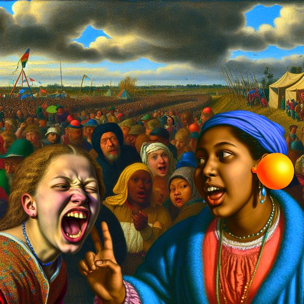 Een jonge vrouw die luid roept naar haar vriend in een drukke festivalmenigte.