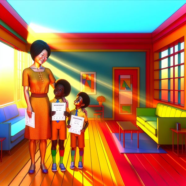 Moderne retro-futuristische illustratie van een trotse moeder met haar twee kinderen in een geometrische woonkamer, terwijl ze rapporten met hoge cijfers vasthouden