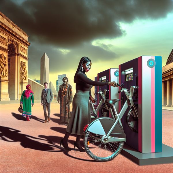 Fiets huren in een levendige stadscène Een persoon huurt blij een fiets bij een moderne fietsverhuurstations in een levendige stad met surrealistische elementen.