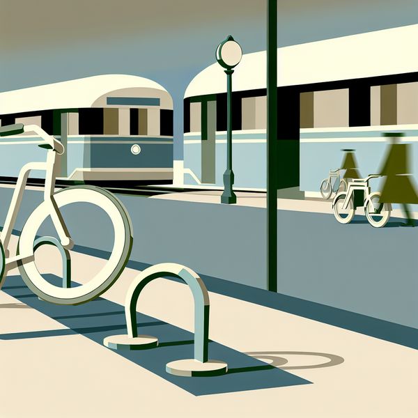 Retro-futuristische fiets geparkeerd bij een gestileerde fietsenrek naast een treinstation in geometrische stijl