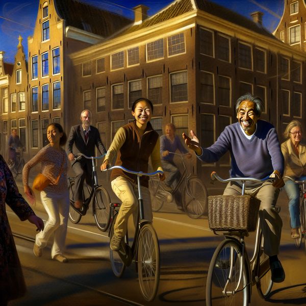 Fietsen in de stad: Leven in Nederland Drukke stadsscene met mensen die fietsen op een zonnige dag, een vrolijke fietser die naar een voorbijganger zwaait.
