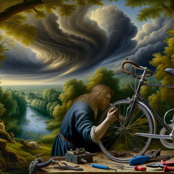 Fietsenmaker in Werkplaats onder Dramatische Lucht Een fietsenmaker werkt met een tang aan de remkabels van een fiets in een werkplaats, omgeven door een weelderig landschap met een dramatische lucht.