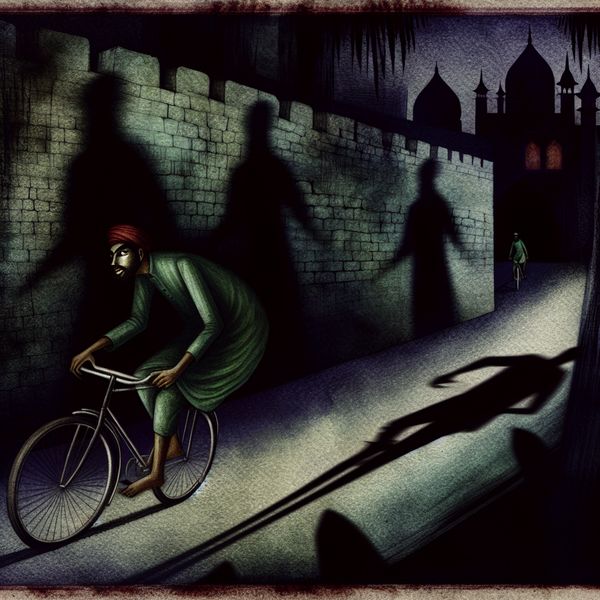 Een fietser rijdt roekeloos op een smalle, slecht verlichte straat zonder helm, omgeven door schaduwen en verborgen gevaren.
