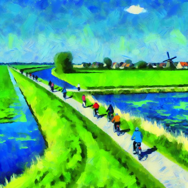 Fietsers op een dijk in een schilderachtig landschap Fietsers rijden gelukkige langs een dijk in een schilderachtig landschap.