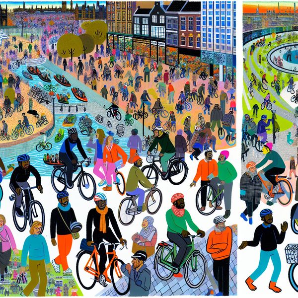 Fietsersbond promotie in bruisende stad Drukke stad met diverse fietsers en prominent 'Fietsersbond' banner