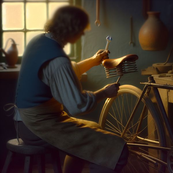 Fiets zithouding aanpassen in de werkplaats Een mechanieker past zorgvuldig een fietsze zit aan met een moersleutel in een rustig verlichte werkplaats.