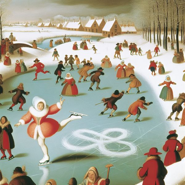 Figuur-acht schaatsen: Nederlandse wintertaferelen met vormenspel op ijs Vrouwelijke schaatsster tekent een elegante figuur-acht op bevroren kanaal in levendige wintertaferelen in de stijl van Hendrick Avercamp