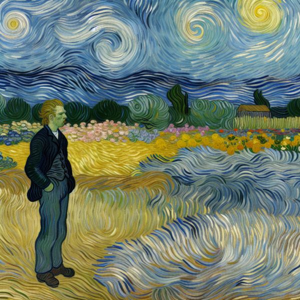 Bezinning en onzekerheid in een Vincentiaans landschap Een figuur met een peinzende uitdrukking staat in een kleurrijk veld, omringd door wilde bloemen en bomen, onder een dramatische lucht