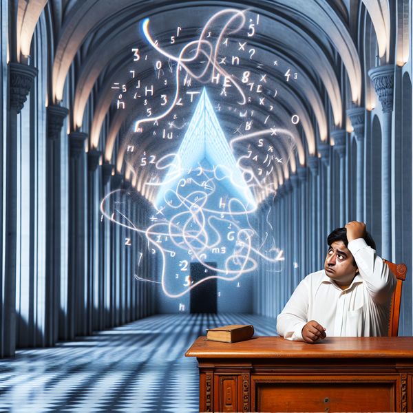 Figuurlijk worstelen met een moeilijk probleem - surrealistische studie-illustratie Persoon worstelt figuurlijk met een complexe wiskundige vergelijking in een surrealistische, lege ruimte met dramatische belichting