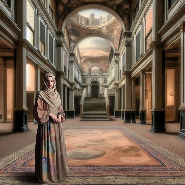 Figuurlijke uitdrukking: in een andere wereld zijn - schilderij in Ter Borch-stijl Jonge vrouw in luxueuze kleding staat in een surrealistisch schoolgebouw dat lijkt op een buitenaardse omgeving, ter illustratie van een figuurlijke wereld