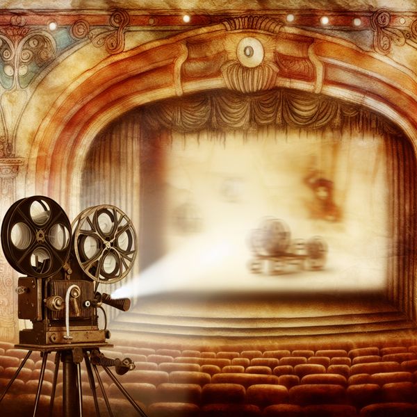 Oude filmprojector draait een celluloidfilm af in een nostalgische bioscoopzaal met sprookjesachtige Anton Pieck-stijl