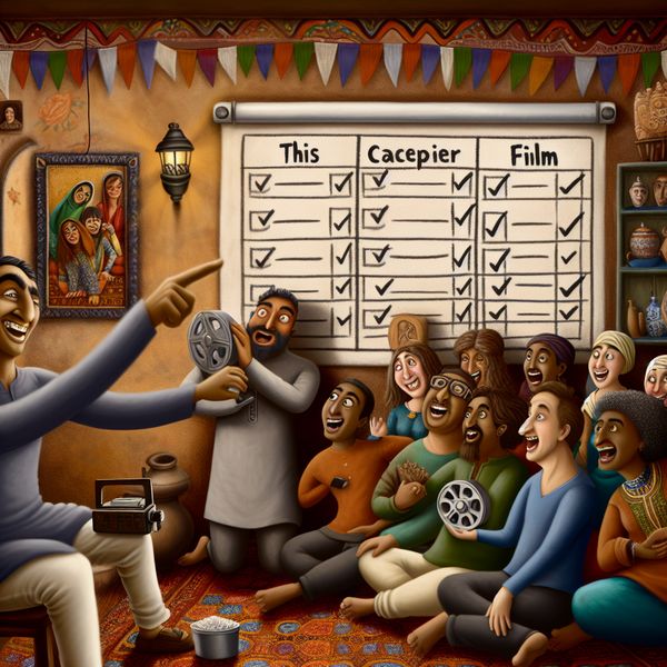 Humoristische illustratie van een filmavond met vergelijking Een levendige en humoristische illustratie van vrienden die een filmavond beleven, met een projector die een film laat zien en een bord met films en vinkjes op de achtergrond.