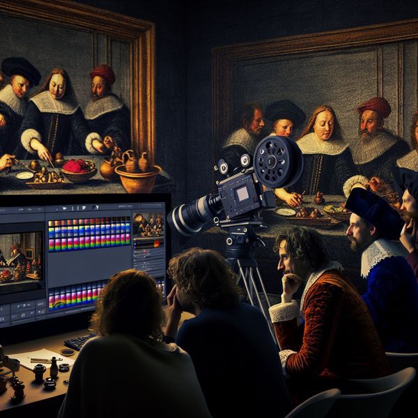 Filmmakers Beoordelen Videomateriaal in Elegante Setting Een groep filmmakers in 17e-eeuwse kleding bekijkt videomateriaal op een monitor in een sfeervolle kamer.