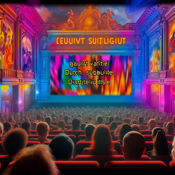 Cinemascène met een levendig publiek en kleurrijke Nederlandse ondertitels onder een groot scherm