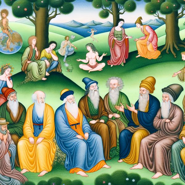 Filosofen in Droomachtige Landschap Een groep filosofen in een droomachtige omgeving, waaronder een figuur die Plato vertegenwoordigt, in gesprek met volgers.