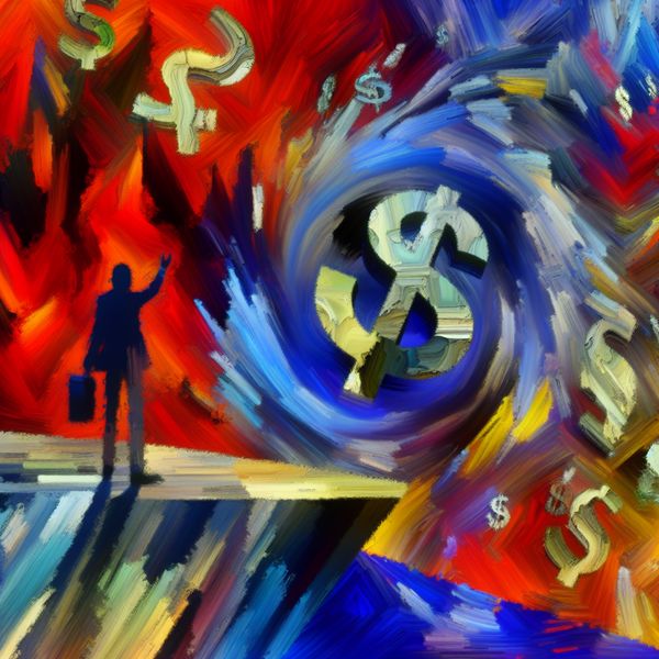 Financieel vermogen en praktische haalbaarheid in abstracte kunst Abstract expressionistisch schilderij van een persoon die tegen financiële beperkingen aanloopt, met een kloof vol dollarsymbolen en een onzichtbare kracht die weerhoudt