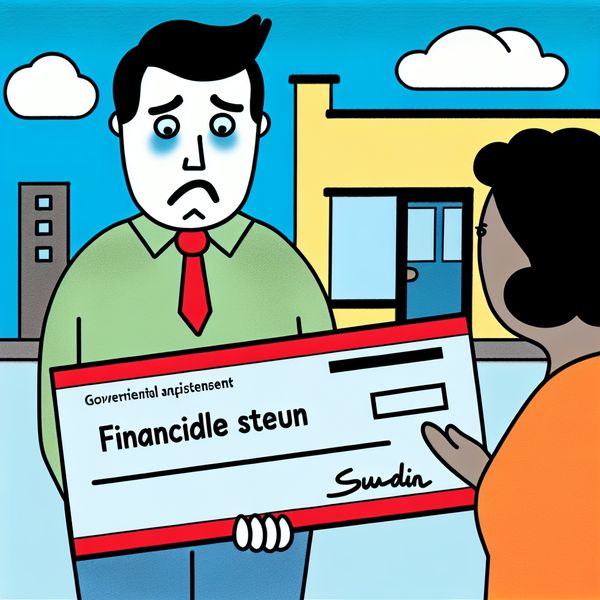 Illustratie van financiële steun voor ondernemers Een bezorgde ondernemer ontvangt een grote cheque van een vriendelijke overheidsvertegenwoordiger voor financiële steun.