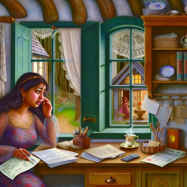 Financiële zorgen van een jonge vrouw in een vintage kamer Een jonge vrouw zit aan een vintage bureau, bezig met onbetaalde rekeningen en een huurbrief in een gezellige kamer.