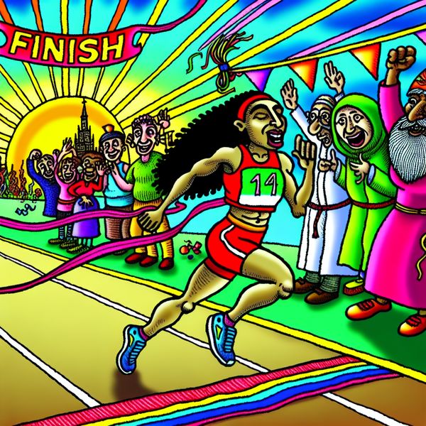 Een cartoon afbeelding van een atleet die met vastberadenheid naar de finishlijn van een hardloopwedstrijd rent, omringd door een juichend publiek.