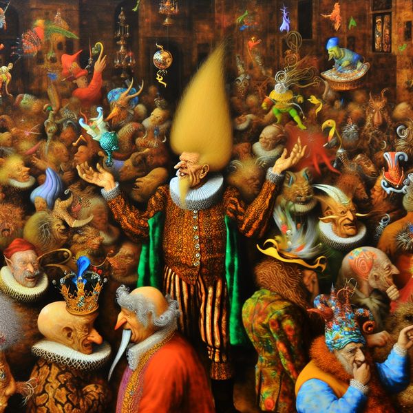 Een flamboyante persoon met een excentriek kapsel in een surrealistische feestsetting omringd door bizarre wezens.