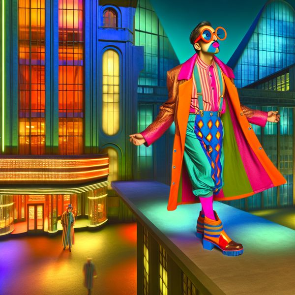 Flamboyante Mode in Retro-Futuristische Stijl Flamboyante man in een kleurrijke outfit met retro-futuristische achtergrond