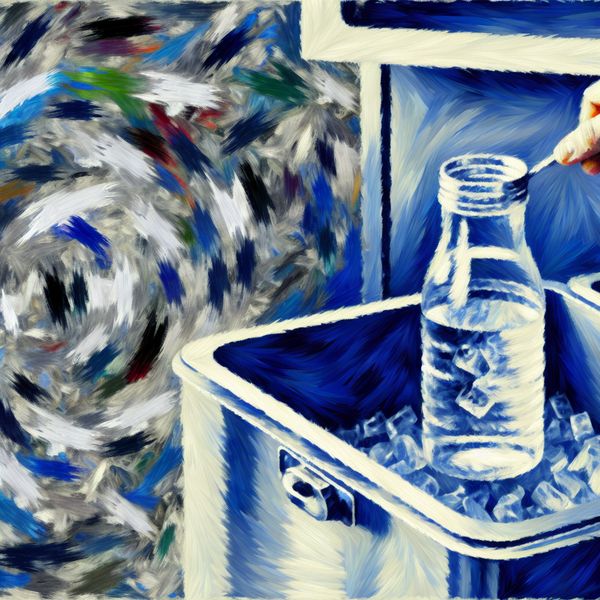 Abstract expressionistisch schilderij van een hand die een fles water uit een geopende koelkast pakt, met dynamische penseelstreken in blauw, wit en rood