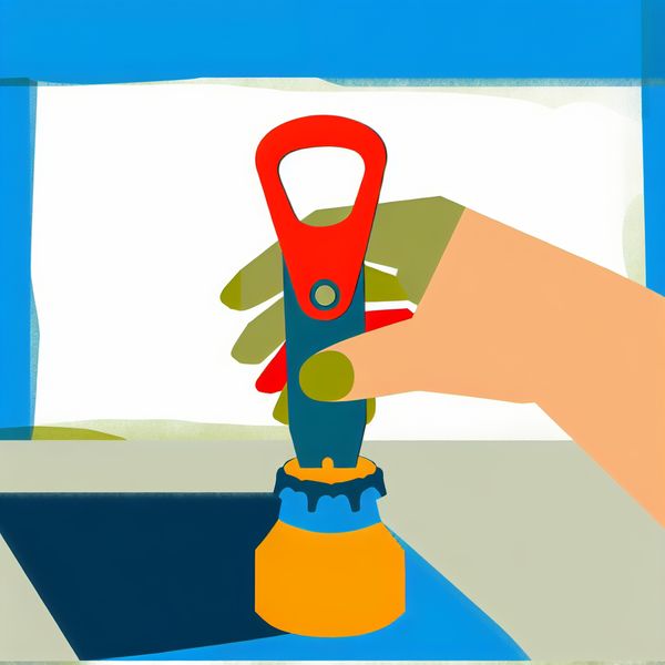 Minimalistische illustratie van een hand die een flesopener gebruikt, ontworpen in de stijl van Dick Bruna