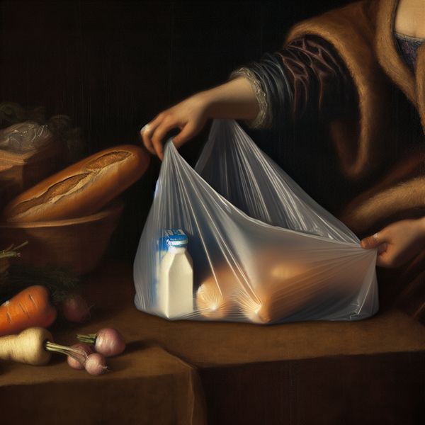 17e-eeuwse Nederlandse genrescène van persoon die boodschappen in een flexibele plastic tas stopt, met brood, wortels en melk
