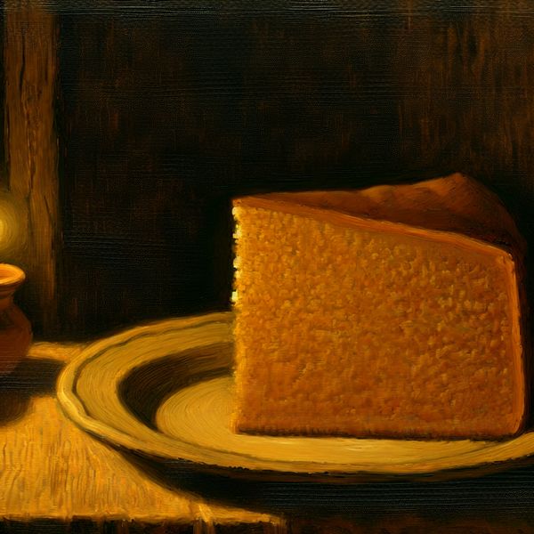 Grote plak cake op een houten tafel in een warm verlicht Hollands interieur, geïnspireerd op Rembrandt
