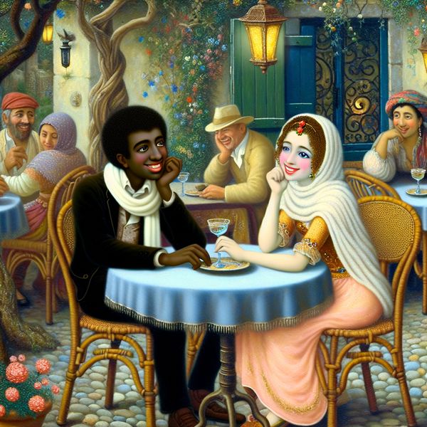 Romantische flirtmomenten in een betoverend café Twee jonge individuen flirten in een charmant café met bloemen en vintage meubels, omringd door een magische sfeer.