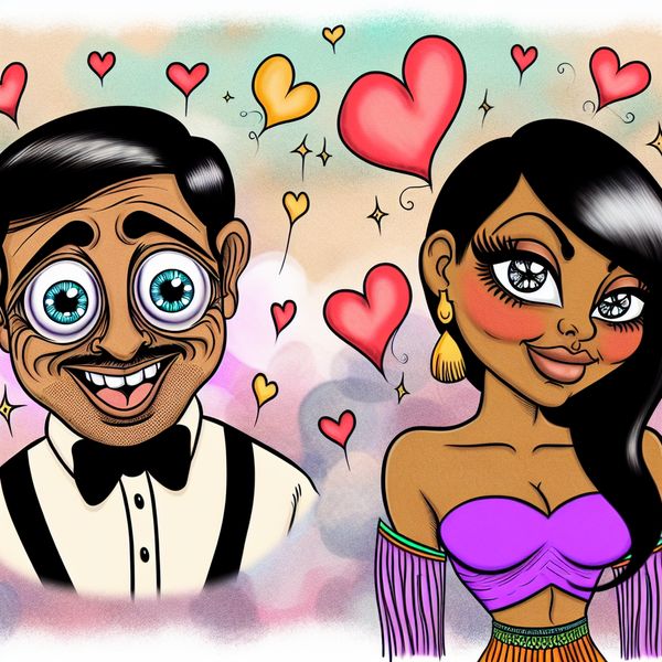 Flirtende cartoon man en vrouw in levendige setting Een cartoon afbeelding van een man die verlekkerd naar een vrouw kijkt in een kleurrijke flirtsetting, met hartjes op de achtergrond.