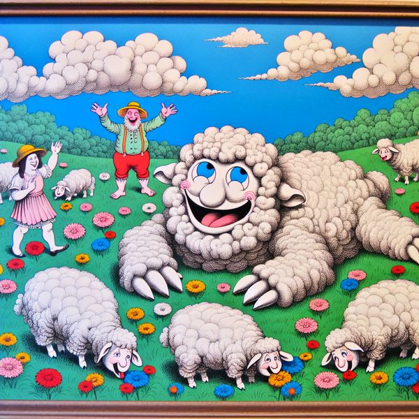Een grote, fluffy schapen grazend op een groene weide vol kleurrijke wilde bloemen met een vriendelijke boer op de achtergrond.