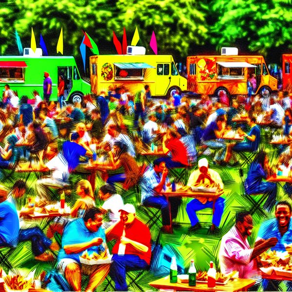 Een levendig buitenfestival met eetwagens, mensen die genieten van eten in een park.