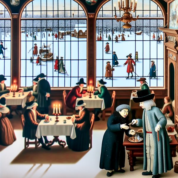 Gast geeft een fooi aan een ober in een gezellige winterse restauranttafereel in de stijl van Hendrick Avercamp