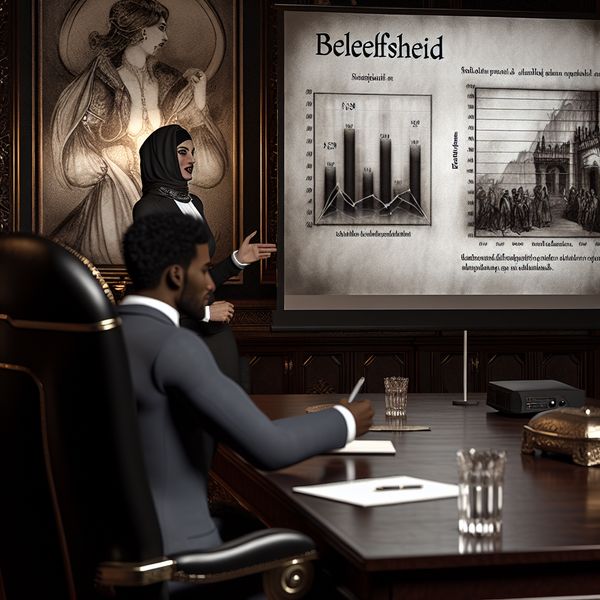Formele bijeenkomst in een elegant kantoor met presentatie Formele ontmoeting in een elegante kantooromgeving met twee personen, een presentatie op een groot scherm en notities op een bureau.