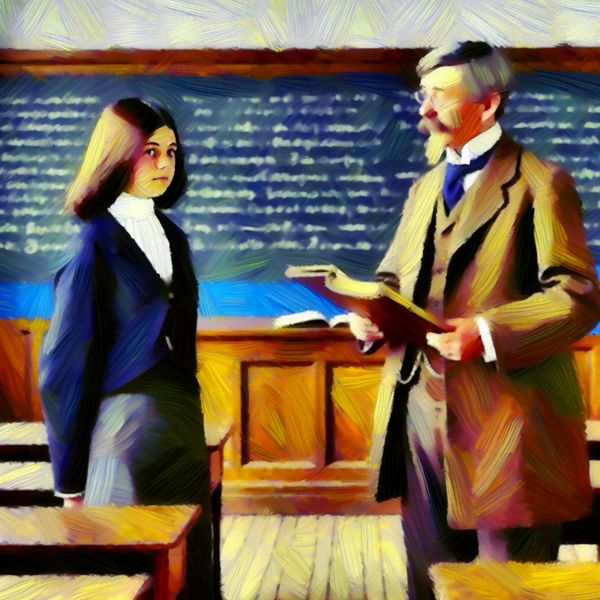 Jonge student spreekt oudere leraar formeel aan met 'u' in een klassieke Nederlandse klas, Van Gogh-stijl