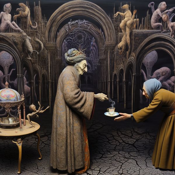 Formele aanspreekvorm 'u' in Nederlands leren met surrealistische illustratie Surrealistische voorstelling van een formeel gesprek tussen twee personen in historische en moderne kleding, met symbolische wezens op de achtergrond die respect en afstand uitbeelden