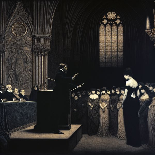 Formeel aanspreken van vrouwen in toespraak of brief - taalgebruik en etiquette Formele toespraak van een spreker tot een groep elegante vrouwen in een gotische zaal, symbolisch weergegeven in de stijl van Félicien Rops