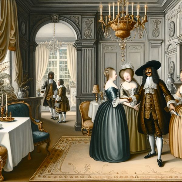 Formele begroeting in 17e-eeuwse stijl Een man in 17e-eeuwse kleding verwelkomt een groep gasten in een elegant versierde kamer.