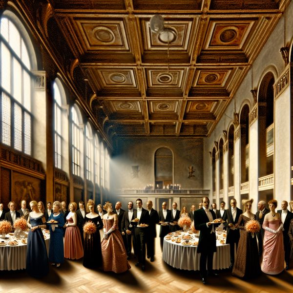 Formele ontvangst in grandioze zaal met gastvrijheid Een surrealistisch, hyper-realistich tafereel van een formele ontvangst in een grote zaal met elegante mensen die nieuwe leden verwelkomen.