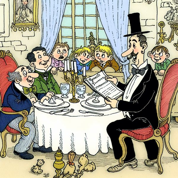 Formele restaurant scène met een onbekende man Een cartoonafbeelding van een formele restaurantscène waarin een goed geklede man door een ober benaderd wordt, met kinderen die nieuwsgierig kijken.