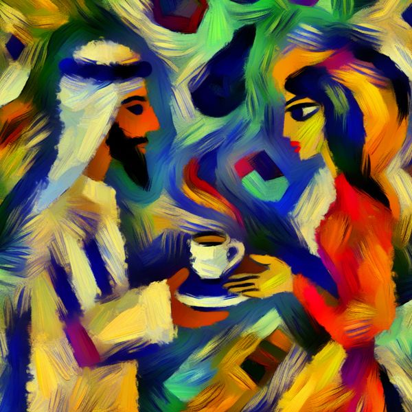 Formeel taalgebruik en respectvolle communicatie in professionele situaties Abstracte voorstelling van een formeel aanbod van koffie of thee tussen twee personen in een professionele setting, in expressieve stijl met felle kleuren