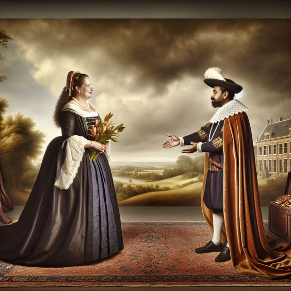 17e-eeuwse Nederlandse scène met een formele begroeting waarbij een man een vrouw aanspreekt met 'Mevrouw' in een weids landschap met dramatische luchten