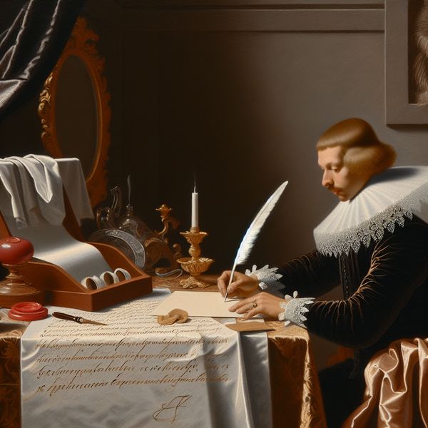 17e-eeuws tafereel van een persoon die een formele brief schrijft met 'Geachte heer/mevrouw' in een elegant Nederlands interieur