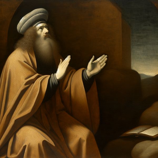 Religieuze figuur in historische kleding met opgeheven handen, symboliserend de formele aanspreekvorm 'Gij' in een serene Bijbelse scène in Vermeer-stijl