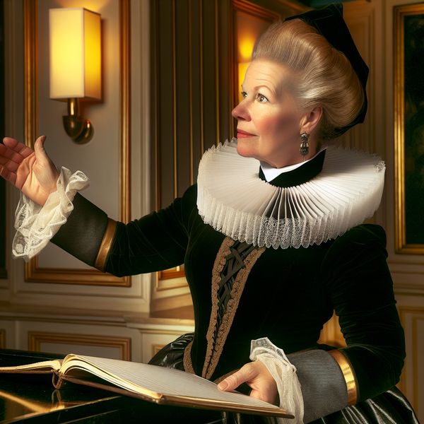 Elegante 17e-eeuwse Nederlandse vrouw in formele kleding bij hotelreceptie, met een grootboek in de hand en hoffelijke houding