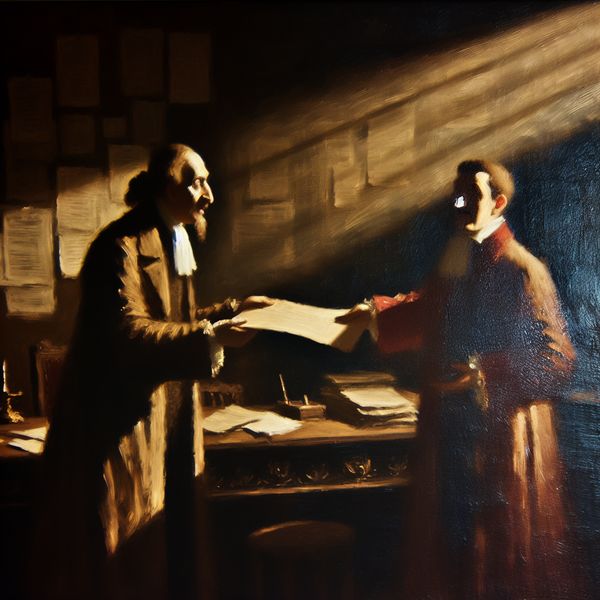 Formele aanstelling in historisch kantoor Een man in een ouderwetse kantoorruimte ontvangt een formele aanstellingsbrief van een waardige figuur.
