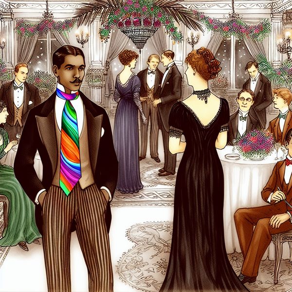 Formele bijeenkomst met stijlvolle dassen en vintage decor Illustratie van een formele bijeenkomst met diverse mensen in elegante outfits en kleurrijke dassen.